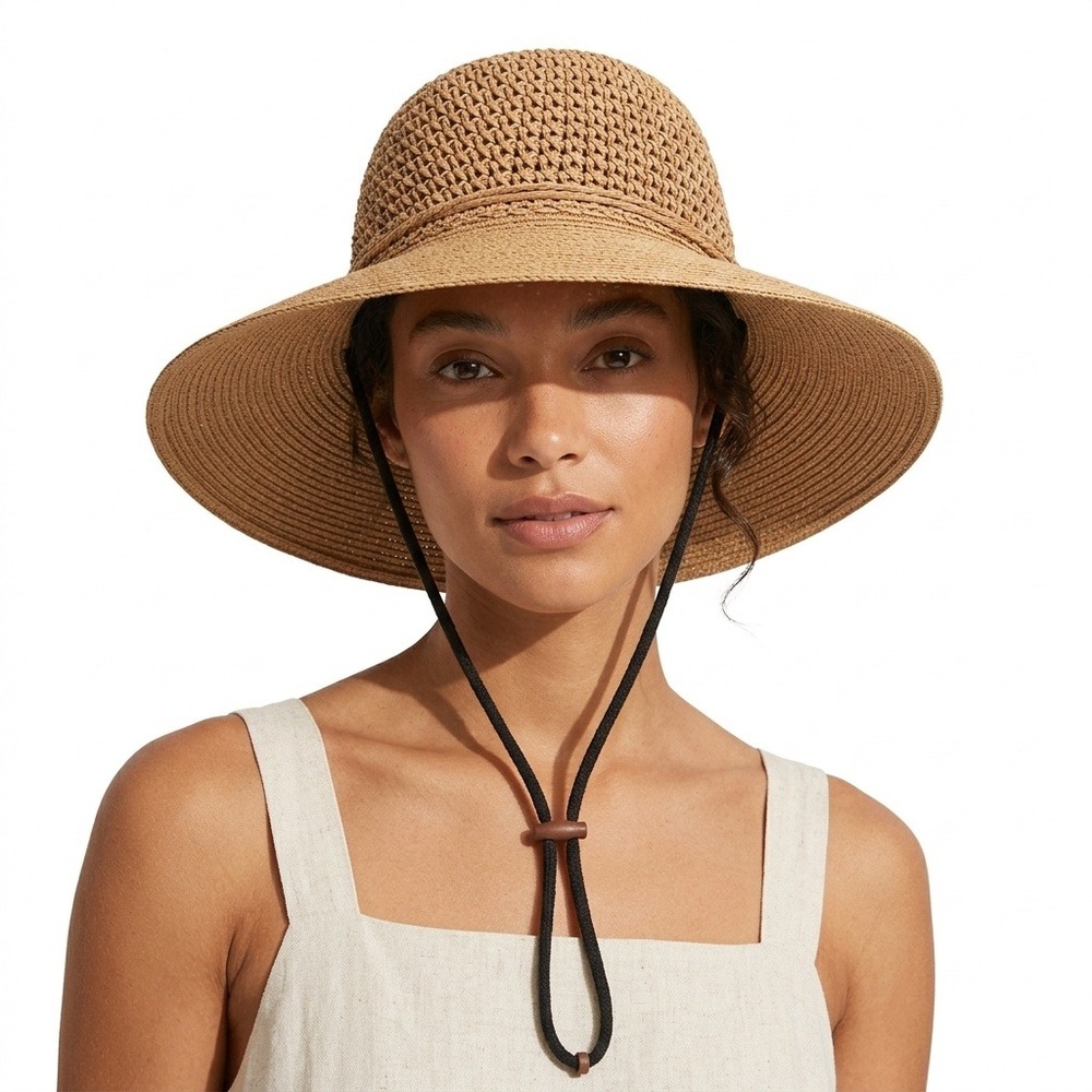 FURTALK Women Tan Straw Sun Hat Wide Brim Packable Summer Beach‎ Hat L/XL